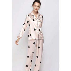 Ensemble de pyjama en satin à pois pour femmes, deux pièces, boutonné, manches longues, vêtements de nuit - Product Image 1