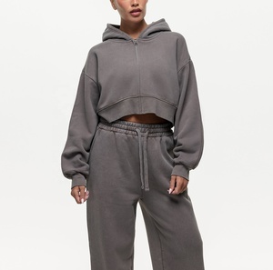Street Wear Drop Shoulder Hoodie Fleece Inside Long Sleeve Cropped Jackets Sweater Crop Top <b>Zipper</b> Hoodie for Women - Product Image 1