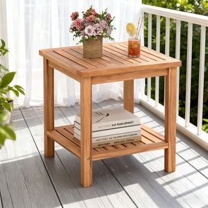 Tavolino da Patio in Legno di Acacia con Piano a Doghe e Ripiano Portaoggetti - Product Image 1