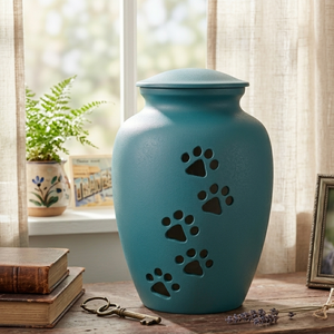 Urne funéraire pour animaux de compagnie, style européen et américain, bleu sarcelle avec empreinte de patte noire, design personnalisable - Product Image 1