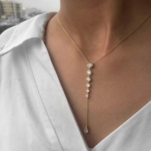 Collar Lariat con Diamantes Cultivados en Laboratorio, Oro Sólido de 14K/18K, Engaste de Bisel, Collar en Y con Piedras Graduadas Redondas y en Forma de Pera, Joyería Nupcial - Product Image 5