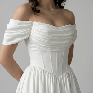 Custom Women V-neck Corset Wedding Dress <b>White</b> A-Line Bridal Gown Floor Length Satin with Lace-Up Back and Pockets Modern - Product Image 5