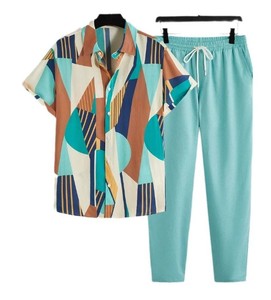 Conjunto de Camisa de Manga Corta a Rayas y Pantalones Amarillos para Hombre, Atuendo Casual de Verano, Cuello Camisero, Traje de Dos Piezas con Patrón Tejido - Product Image 3