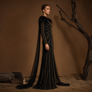 Luxury Black Gold Sequin Evening Gown Women | Feather Shoulder Cape Sleeve Formal Party Dress Designer Red Carpet Maxi Wear Gown - Product Image 3