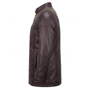 Gabardina de cuero genuino para hombre, color morado ciruela, con cuello alto y banda de cuello redondeada gris, personalizada, venta al por mayor - Product Image 4