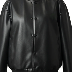 แจ็คเก็ตบอมเบอร์ผ้าไหม/ผ้าฝ้ายสีดำแบบยูนิเซ็กซ์ ซิปหน้าสไตล์วาร์ซิตี้ คอวี แขนเสื้อและชายเสื้อแบบพับได้ สตรีทแวร์สุดคลาสสิก - Product Image 2