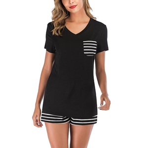 Ensemble de pyjama court en coton tricoté vintage pour femmes, imprimé, taille élastique, t-shirt et short respirants, printemps, été, automne - Product Image 5