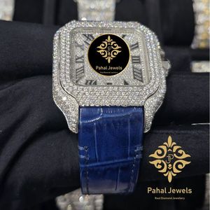Montre de luxe Pahal Jewels avec diamants carrés, boîtier en acier inoxydable, bracelet en cuir bleu, mouvement à quartz analogique, 38 mm, unisexe - Product Image 5