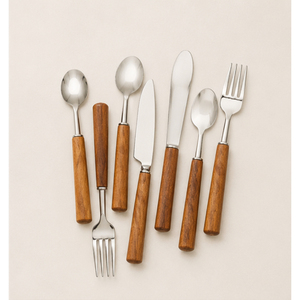 Ensemble de couverts en acier inoxydable argenté au design moderne avec manche rond en bois poli, cuillère, couteau, fourchette, vaisselle pour la maison - Product Image 3