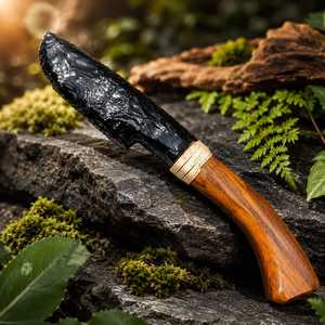 Cuchillo de 10 pulgadas con mango de madera y punta de flecha de obsidiana negra, hecho a mano, tallado, imitación antigua, arte americano, piedra. - Product Image 5