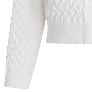 <b>Women</b>’s White <b>Cable</b> <b>Knit</b> Cropped Cardigan Pearl Button Long Sleeve Crew Neck Embroidered Casual <b>Sweater</b> Fashion Knitwear - Product Image 5