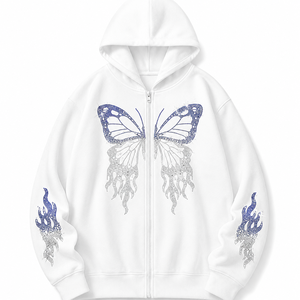 Sudadera con Capucha Unisex de Diseño de Mariposa Personalizado, Patrón Sólido, Lavado Ácido, 100% Algodón, Estilo Oversize, Decorada con Pedrería - Product Image 2