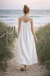 Robe longue décontractée d'été pour femme en lin écologique, col en V, sans manches, à nouer, coupe trapèze, ajustement régulier, fluide, pour la plage - Product Image 6
