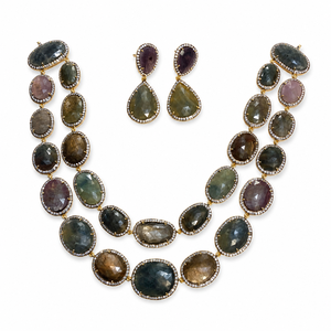 Ensemble collier et boucles d'oreilles en argent 925 plaqué or avec pierres précieuses multicolores facettées à double couche pour femmes, cadeau de mariage, bijoux - Product Image 5