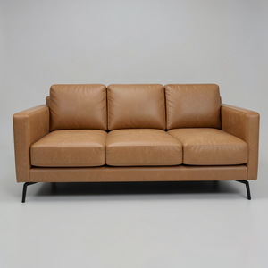 Sofá de Cuero Vacuno Genuino de Estilo Moderno de Mediados de Siglo, Sofá de Cuero Marrón de 3 Plazas, Diseño Minimalista, Estructura de Madera, Decoración de Interiores para el Hogar - Product Image 2