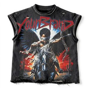 Custom Rhinestone Graphic Heavyweight Oversized Cropped Acid Wash Sleeveless <b>Singlet</b> <b>Men</b> DTG Streetwear T Shirt Custom Rib Neck - Product Image 3