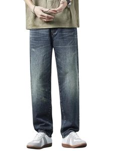 Jean ample en denim 100 % coton pour homme, style vintage décontracté, coupe ample, bleu délavé, taille mi-haute, effet usé avec trous - Product Image 1