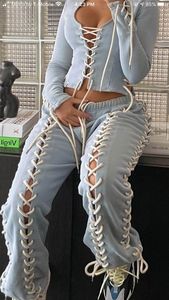 Trendy Ribbed Lace-Up Eyelet Crop Top and High Waist Cut-Out Skinny Trouser Set Women <b>Sexy</b> Two Piece <b>Club</b> Matching Set - Product Image 5