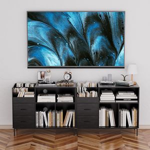 Support pour tourne-disque en bois grainé noir avec prise de courant, couvercle rabattable, table pour plus de 300 vinyles, étagères pour CD, console multimédia - Product Image 4