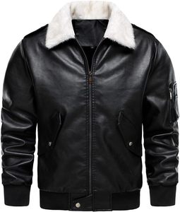 Chaqueta Bomber de Cuero PU Negra para Hombre con Cuello de Piel Sintética, Cierre de Cremallera Frontal, Estilo Motero, Cálida para Invierno, Corte Regular - Product Image 2