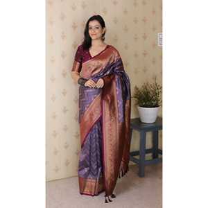 Sari Tejido de Seda Suave Lavanda Elite Weaves Banarasi ZigZag Meenakari Zari, Blusas y Camisas para Mujer, 650g - Product Image 6