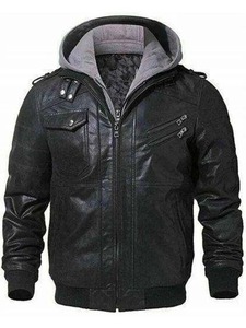 Chaqueta de cuero negra con capucha extraíble para motociclistas - Product Image 1