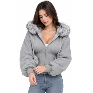 Hot Sale Women's Gray Hooded Zip-Up Sweatshirt With Faux <b>Fur</b> <b>Trim</b> And Pom Poms Short Crop <b>Top</b> Winter Wear - Product Image 5