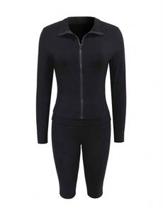 Black <b>Women</b> Yoga Set Zip Up Long Sleeve Jacket and High Waist <b>Capri</b> <b>Pants</b> Activewear Lounge Outfit - Product Image 4
