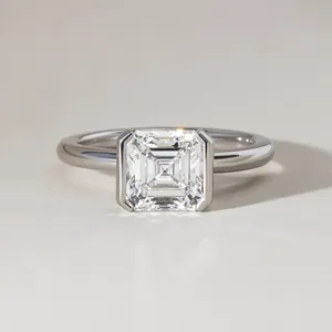 Solid Gold Asscher Cut Engagement <b>Ring</b> Half Bezel Setting <b>Diamond</b> Solitaire <b>Ring</b> White Gold Modern Minimalist Jewelry for Women - Product Image 2