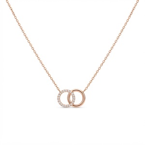 Collier en or rose 10K avec diamant de laboratoire 0,15 carat, cercle simple pavé, cercles entrelacés, pour elle, élégant, géométrique, double cercle - Product Image 2