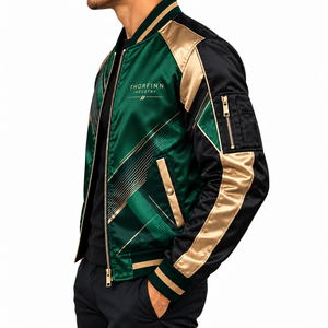 Chaqueta Bomber de Satén con Bloques de Color para Hombre, Dorado y Verde, Cortavientos, con Cremallera, Cuello Alto, para Otoño, Precio Económico, Venta al por Mayor, OEM Personalizado - Product Image 2