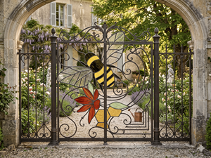 Portail de jardin en fer forgé KHP, design en forme d'abeille, résistant à la rouille, portail extérieur, mécanisme d'ouverture manuel, surface finie. - Product Image 6
