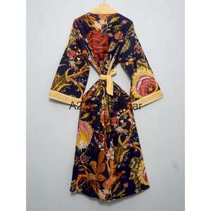 Nouvelle robe kimono en coton 100% avec bande frontale à motif, imprimé oiseaux, robe de bain, robe longue style bohème - Product Image 5