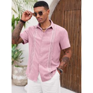 Camisas Guayaberas Cubanas para Hombre 2025, Rayadas, Casuales, de Verano, para Playa o Boda, Bordadas, de Lino, Manga Corta, Cuello con Botones, Talla XL - Product Image 4
