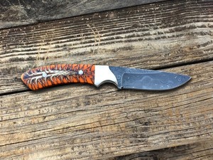 Custom Handmade Damascus Steel Hunting Knife Orange <b>Pinecone</b> Resin Handle Fixed Blade Skinner with Floral Tooled Leather Sheath - Product Image 4