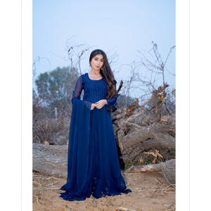 Ensemble Anarkali bleu à paillettes en tissu mousseline, tenue de soirée ethnique pour femmes, idéal pour les mariages et les fêtes - Product Image 3