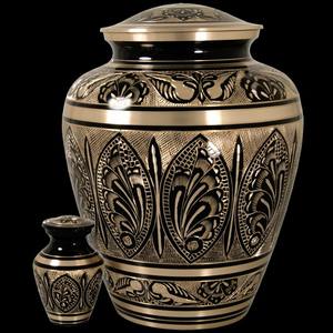 Urnas funerarias ornamentadas en negro y latón, grabadas, en 2 tamaños, medianas para adultos, para guardar cenizas como recuerdo. - Product Image 1