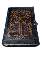 Carnet en cuir rigide gaufré Arbre de Vie avec homme, fermeture métallique, jaune vintage, livre d'or, papier fait main, cadeau