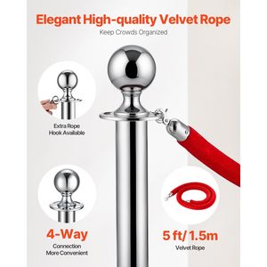 Set di 6 Barriere di Controllo Folla con Corde in Velluto e 3 Pali in Acciaio Inox Rossi, Attrezzatura per Servizio Ristoranti e Hotel - Product Image 6