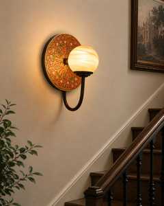 Modern Plant Pattern Alabaster Globe Wall Lamp Decorative <b>Sconce</b> LED Bedroom Living Room <b>Lighting</b> - Product Image 6