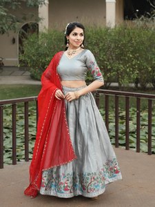 Magnifique Lehenga Choli en soie grise avec bordure tissée Kalamkari et travail Zari – Tenue ethnique indienne traditionnelle pour l'exportation - Product Image 2
