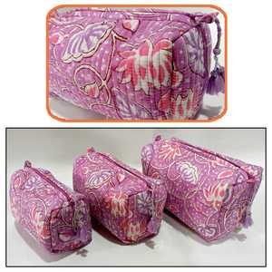 Set of 3 Quilted Cotton Striped <b>Makeup</b> Bags Toiletry Pouches Travel Organizer Cosmetic Bags with Rope Handle Zipper Closure - Product Image 2