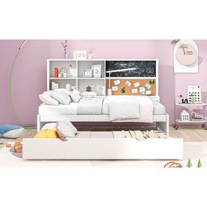 Cama nido individual con estantes de almacenamiento, pizarra y tablero de corcho, puertos USB, blanca, con cama nido extraíble para niños - Product Image 6
