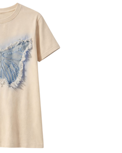 T-shirt en jean avec appliqué papillon pour femme, col rond en coton, manches courtes, décontracté, haut d'été, patchwork effiloché, graphique, logo personnalisé - Product Image 2