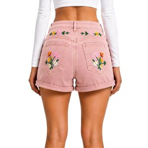 Shorts de Mezclilla de Cintura Alta para Mujer en Color Rosa Rubor con Bordado Floral Colorido, Shorts Casuales de Verano, Personalizados OEM ODM, a la Moda - Product Image 2