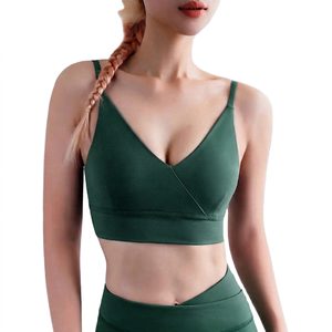 Soutien-gorge de sport sans couture à bretelles et décolleté en V profond pour femme, maintien moyen, couleur unie violet - Product Image 3