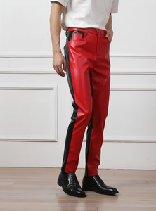 Spezia International Men's Red PU Coated Winter Heavyweight <b>Trousers</b> Black Side Stripe Straight Fit <b>Elastic</b> <b>Waist</b> Multiple Pants - Product Image 3