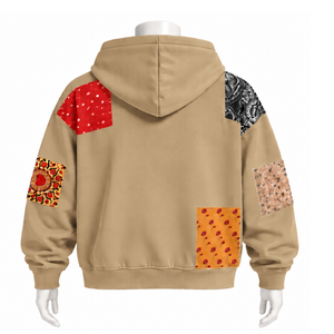 Sweat à capuche zippé oversize en patchwork tapisserie kaki, avec fermeture éclair intégrale, imprimé patch, style streetwear décontracté - Product Image 2