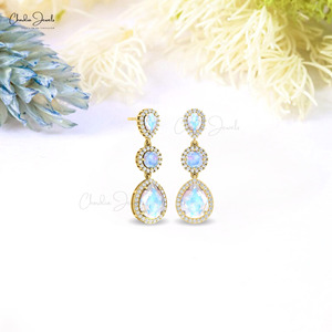 14k Solid Gold Natural Rainbow Moonstone & 1.1mm Pave Set Diamond Halo Dangle <b>Earrings</b> June Birthstone Cocktail Jewelry - Product Image 4