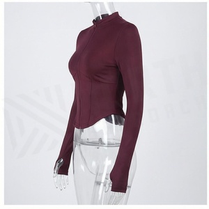 Haut court zippé bordeaux à manches longues, couleur unie, sans couture, extensible, pour le yoga et le sport féminin - Product Image 3